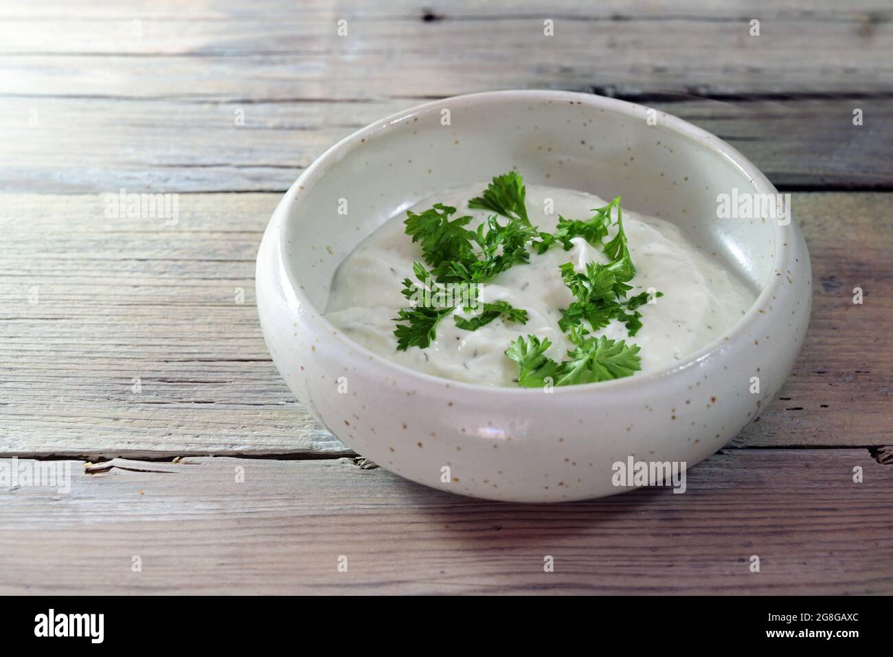 Trempez le yaourt avec les herbes et la garniture de persil dans un petit bol en céramique sur une table en bois rustique clair, espace de copie, foyer sélectionné, profondeur de champ étroite Banque D'Images