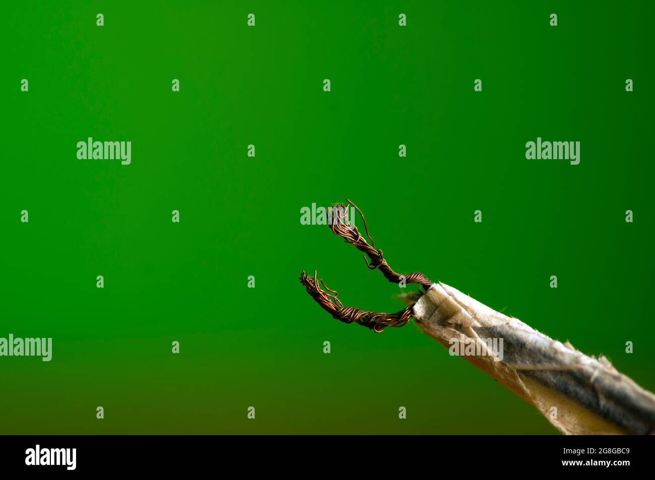 Deux câbles à fibre de cuivre à alimentation électrique, sélectionnés sur fond vert Banque D'Images