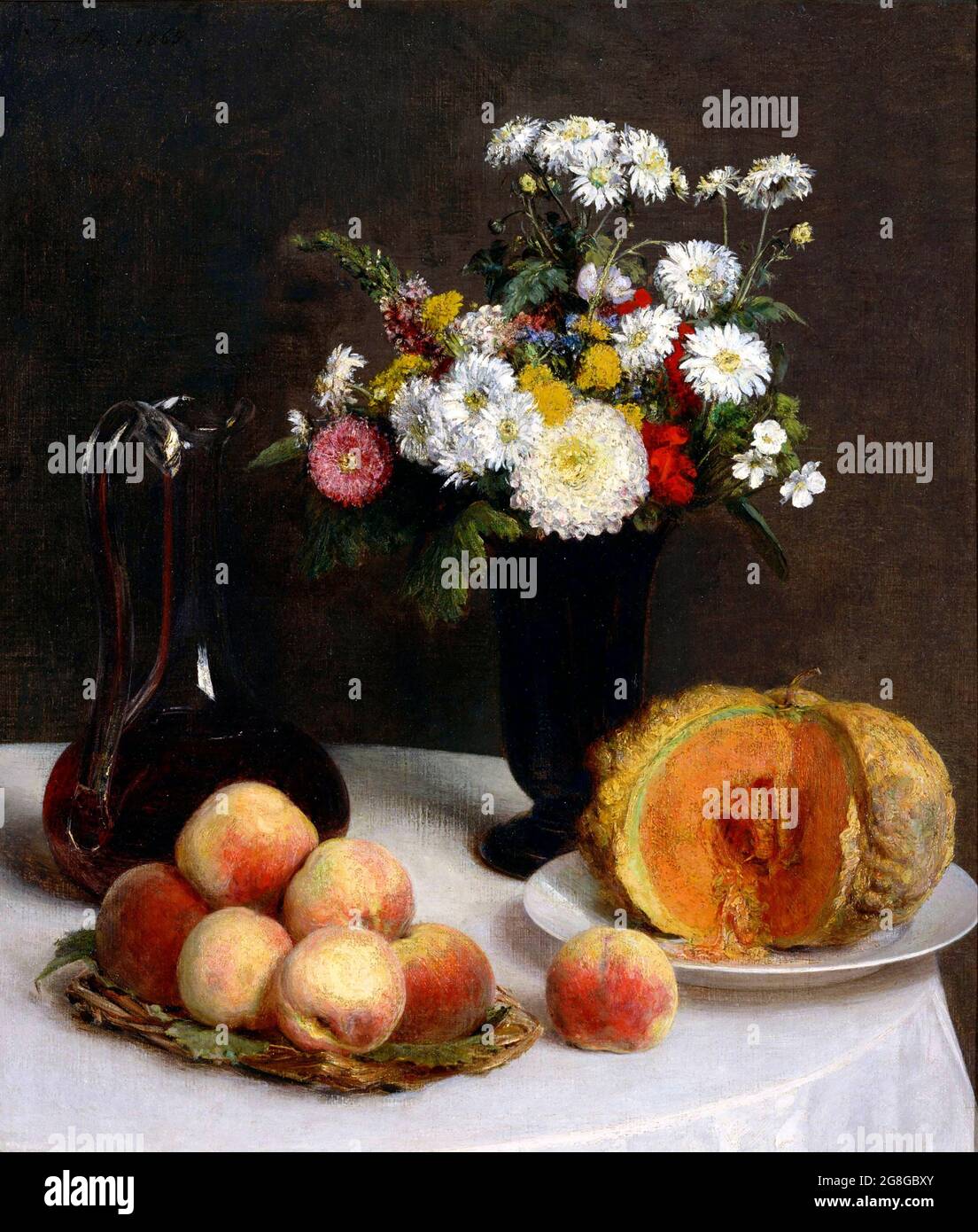 Encore la vie avec une carafe, fleurs et fruits par Henri Fantin-Latour (1836-1904), huile sur toile, 1865 Banque D'Images