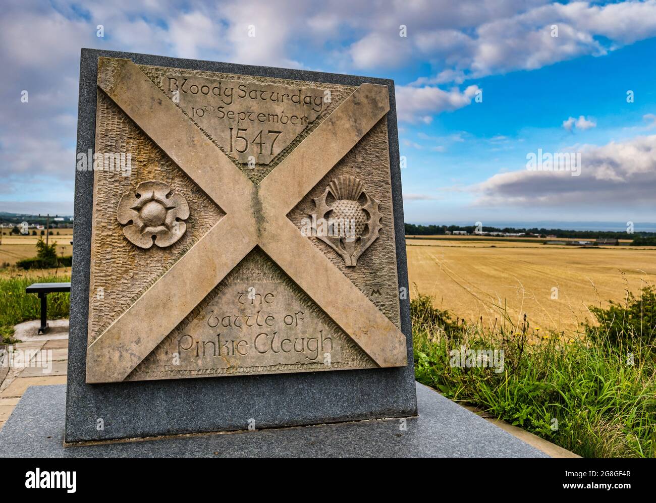 16e siècle bataille anglaise des Écossais de Pinkie Cleugh site commémoratif en pierre, Ballyford, East Lothian, Écosse, Royaume-Uni Banque D'Images