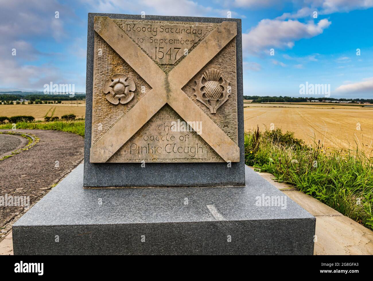 16e siècle bataille anglaise des Écossais de Pinkie Cleugh site commémoratif en pierre, Ballyford, East Lothian, Écosse, Royaume-Uni Banque D'Images