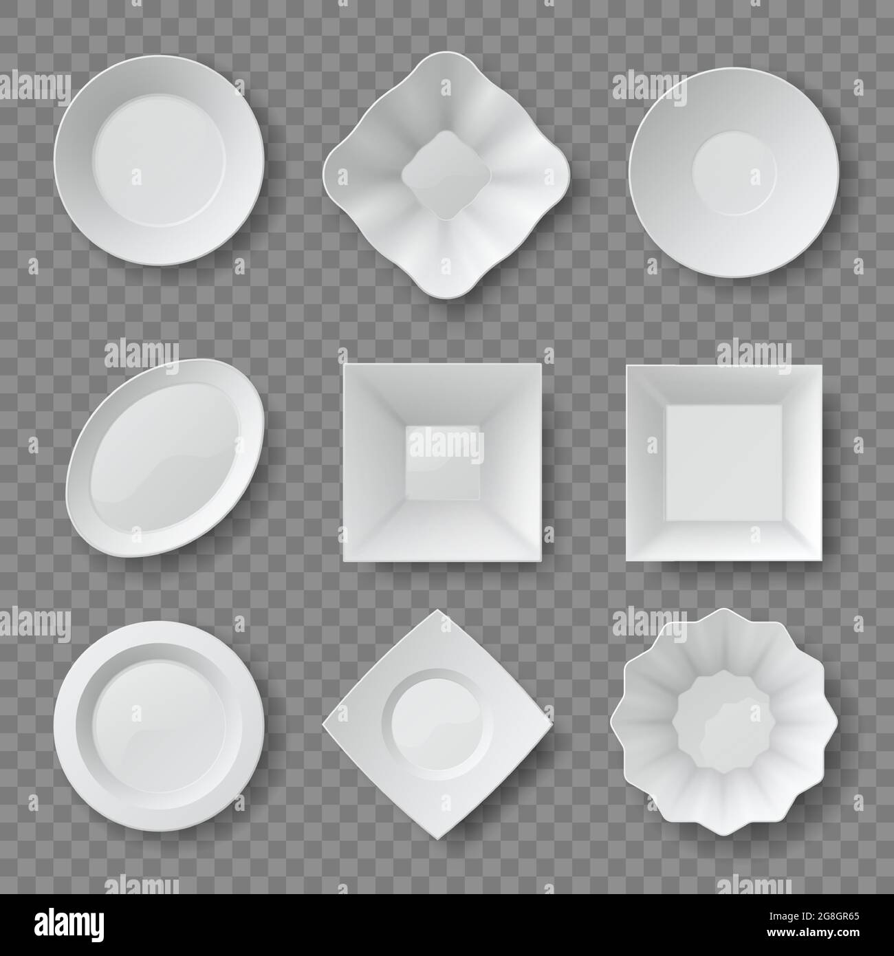 Des assiettes alimentaires réalistes. Videz les plats blancs ronds et carrés et les bols. Maquette 3d avec vue de dessus de plaque en céramique. Cuisine propre vaisselle ensemble vectoriel Illustration de Vecteur