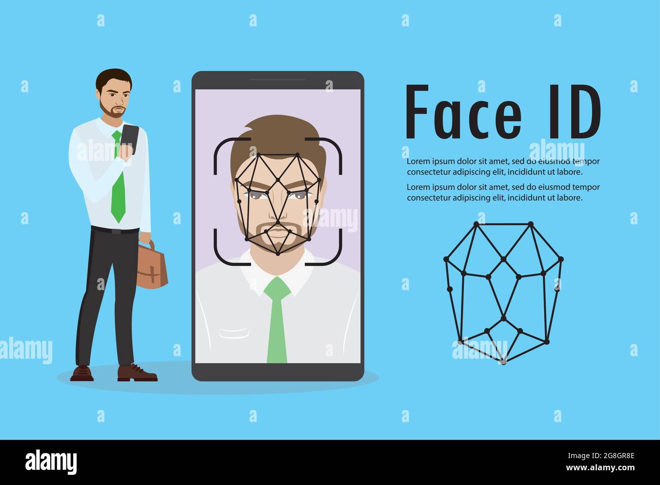 Homme d'affaires avec téléphone mobile en main, visage de l'homme sur grand écran de smartphone, fond de concept d'ID de visage, reconnaissance de personnalité, place pour le texte, vecteur illus Illustration de Vecteur