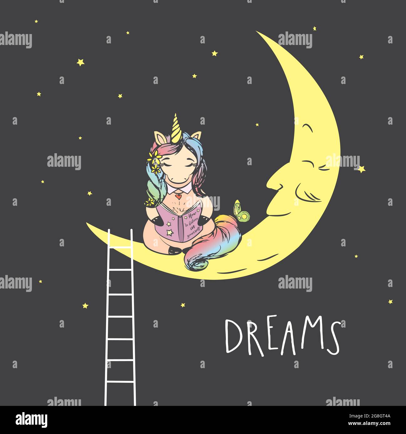 Adorable licorne assis sur la lune et lire le livre, le fond de nuit ou la carte, dessin à la main illustration vectorielle Illustration de Vecteur