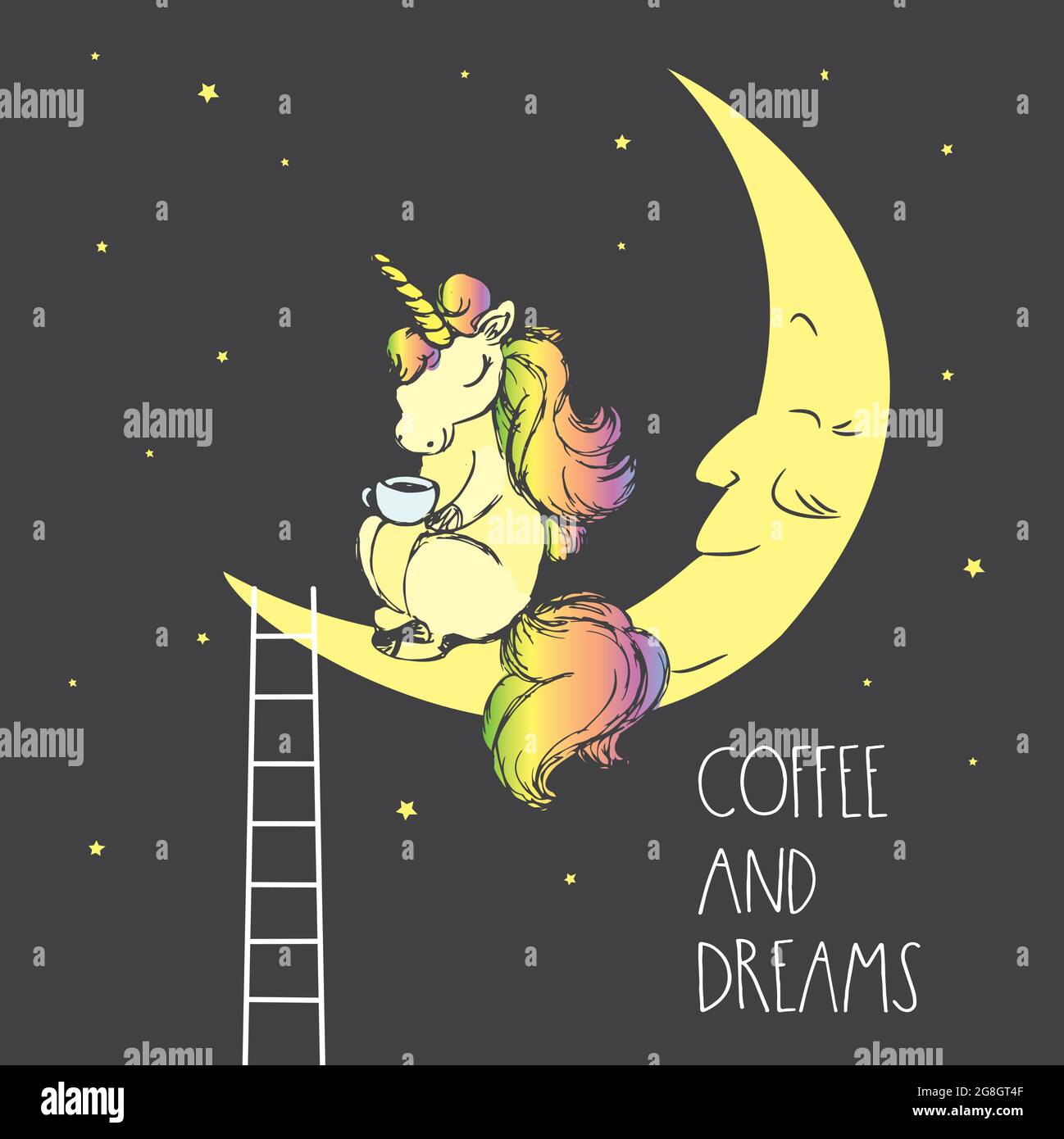 Adorable licorne assis sur la lune et boire du café, ciel nocturne avec étoiles, fond ou carte avec inscription, illustration vectorielle dessinée à la main Illustration de Vecteur