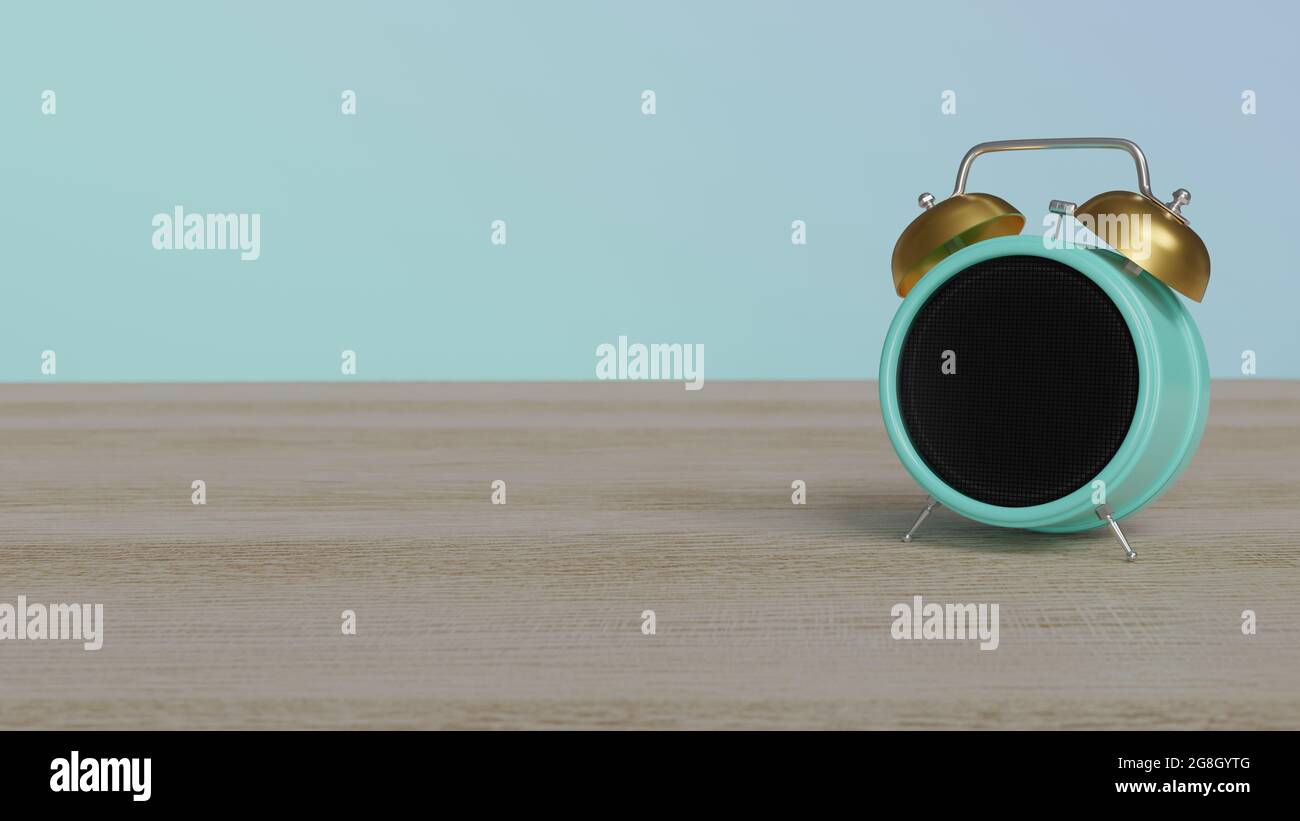 rendu 3d du réveil couleur avec symbole de maison avec porte sur affichage à points sur table en bois avec mur coloré Banque D'Images