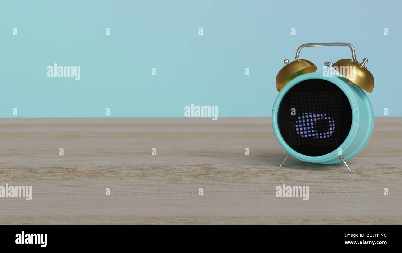 rendu 3d du réveil couleur avec symbole du bouton de commutation avec coche sur l'affichage des points sur une table en bois avec un mur coloré Banque D'Images