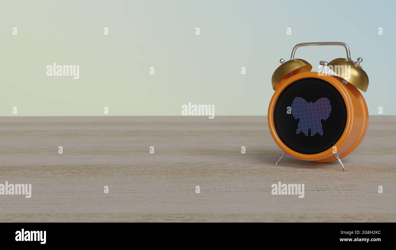rendu 3d du réveil couleur avec symbole de la jolie décoration rose sur l'affichage à points sur une table en bois avec un mur coloré Banque D'Images