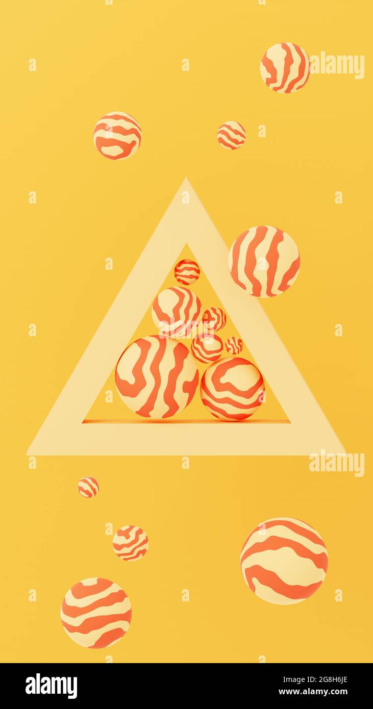 Illustration 3D verticale de sphères flottantes et d'un cadre triangulaire Banque D'Images