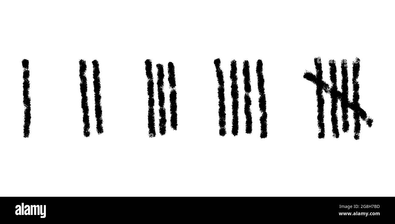 Marques tally de charbon isolées sur fond blanc. Symboles de comptage de jour sur le mur de la prison. Signes système de numéro unaire. Illustration vectorielle dessinée à la main Illustration de Vecteur