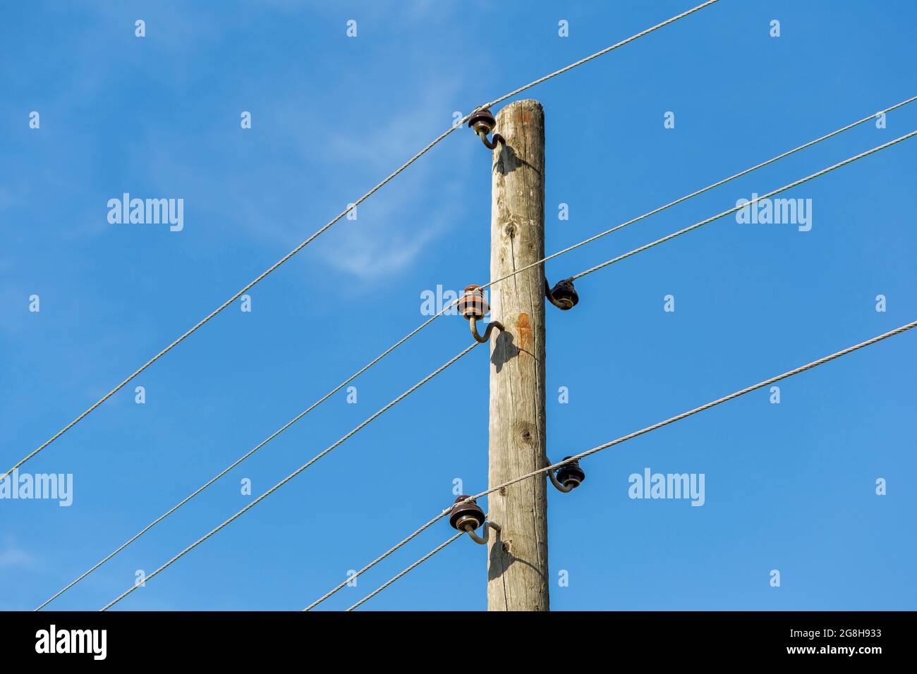 Un poteau de ligne électrique en bois et des câbles électriques en acier Banque D'Images