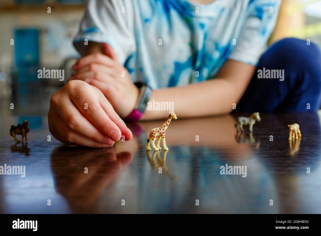 gros plan de la petite fille jouant avec des animaux miniatures sur le plan d'examen Banque D'Images