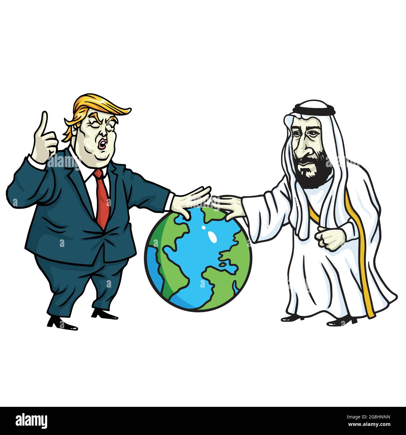 Donald Trump et le prince Mohammad bin Salman ont mis la main sur le Globe. Vecteur de dessin animé. Illustration de Vecteur