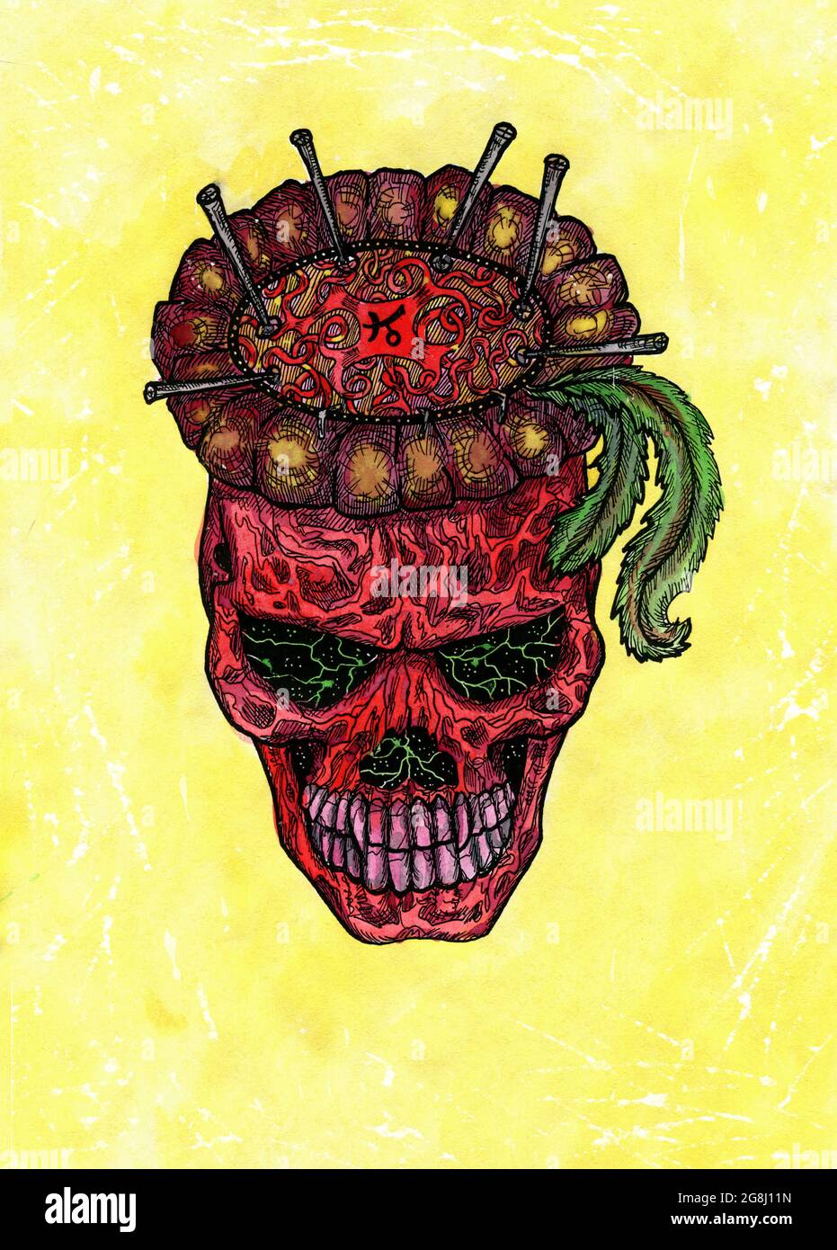 Illustration aquarelle stylisée d'un crâne créepy sur fond jaune. Dessin mystique pour Halloween avec concept ésotérique, gothique, occulte Banque D'Images