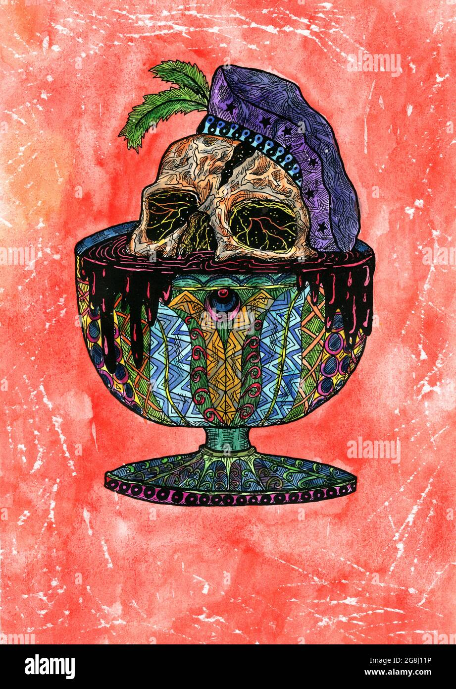 Illustration aquarelle stylisée d'un crâne créepy dans la tasse sur fond rouge. Dessin mystique pour Halloween avec concept ésotérique, gothique, occulte Banque D'Images