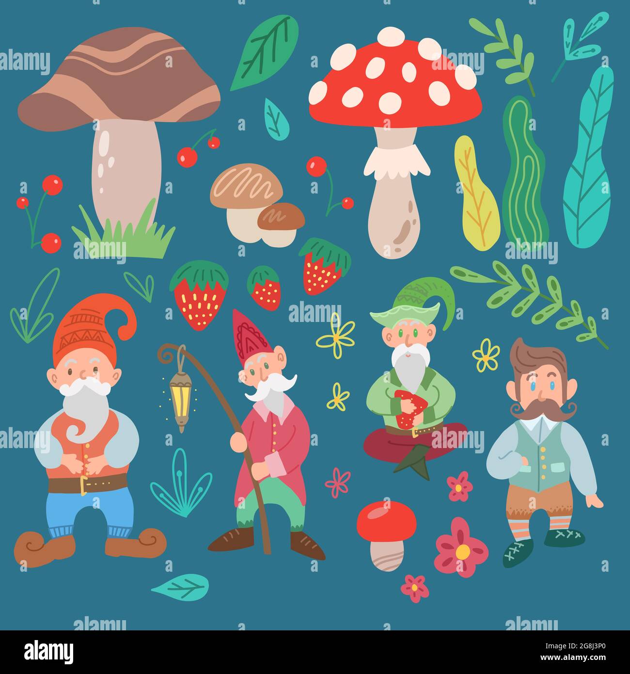 Ensemble de divers gnomes, champignons, feuilles et fleurs isolés de l'arrière-plan. Personnage de fée de dessin animé à la main et éléments de nature. Les lixipréchonnes Illustration de Vecteur