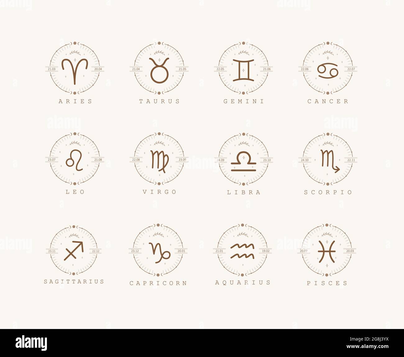 Signes du zodiaque en style boho. Ensemble d'icônes astrologiques isolées sur fond blanc. Mystère et ésotérique. Illustration vectorielle du logo Horoscope Illustration de Vecteur