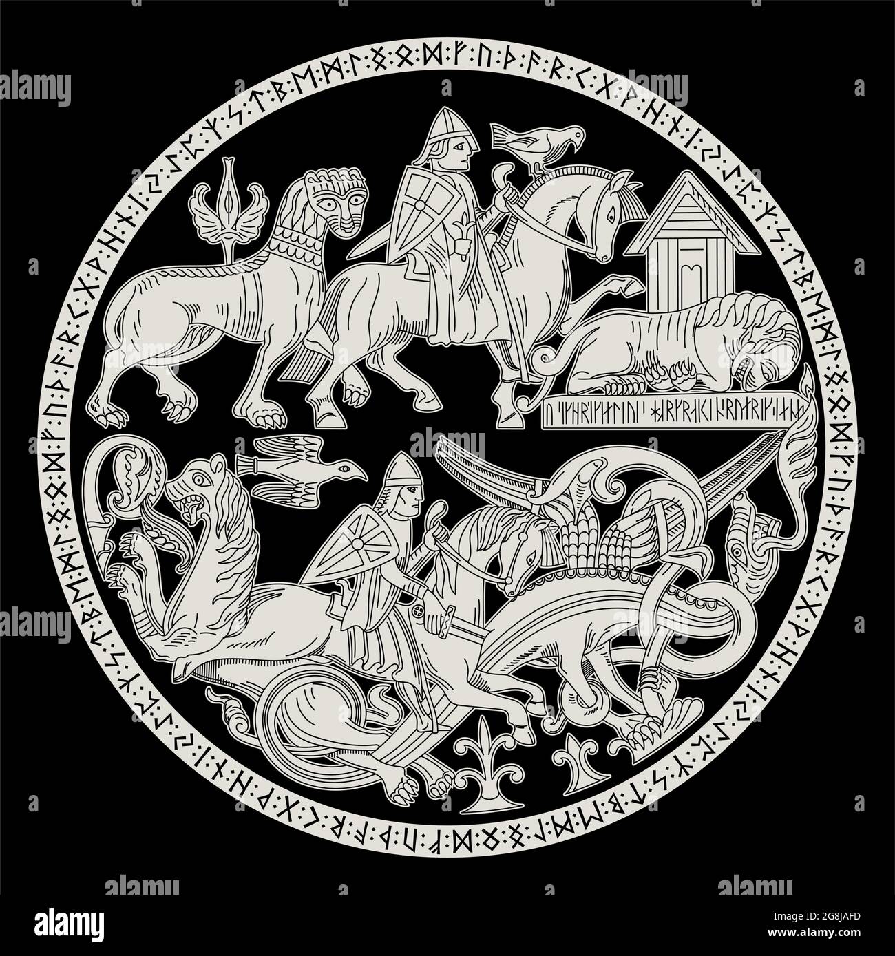 Style scandinave viking. Les vikings combattent des animaux mythiques - lions et dragons, isolés sur des illustrations vectorielles noires Illustration de Vecteur