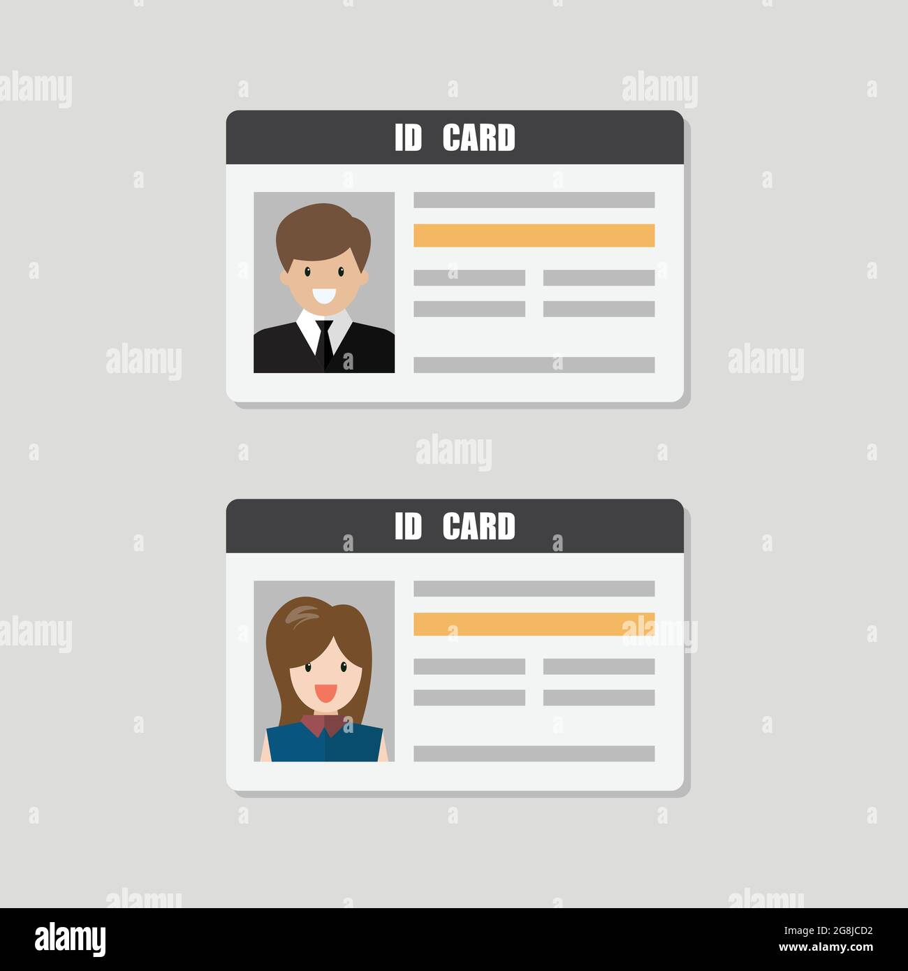Cartes d'identité avec illustration vecteur photo mâle et femelle. Identité personnelle de style plat Illustration de Vecteur