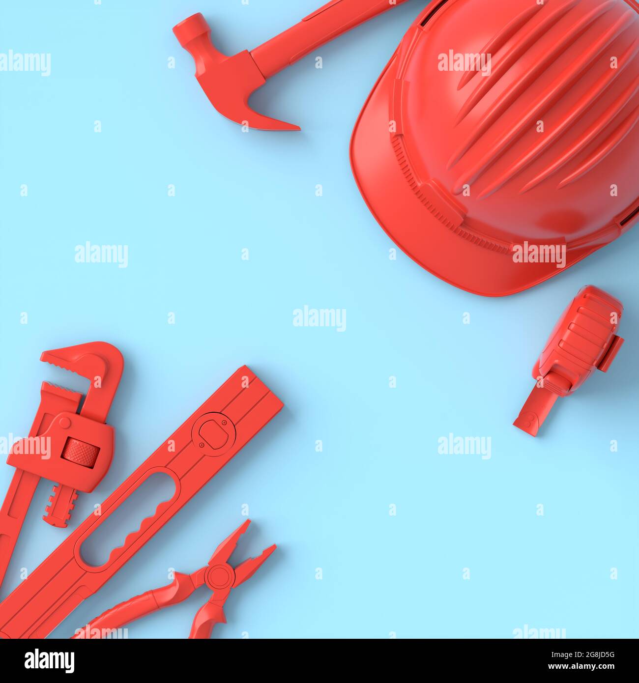 Vue de dessus des outils de construction monochromes pour la réparation et l'installation sur fond bleu et rouge. rendu 3d et illustration de la bannière de service pour Banque D'Images Vue de dessus des outils de construction monochromes pour la réparation et l'installation sur fond bleu et rouge. rendu 3d et illustration de la bannière de service pour Banque D'Images