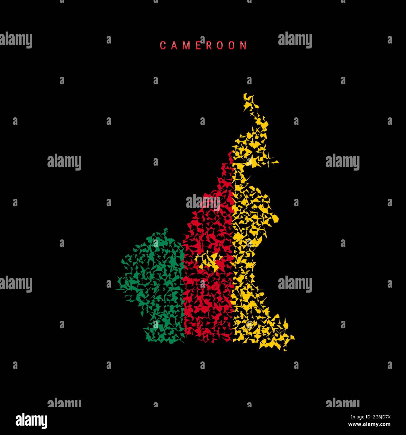 Carte du drapeau camerounais, motif de particules chaotiques aux couleurs du drapeau camerounais. Illustration vectorielle isolée sur fond noir. Illustration de Vecteur