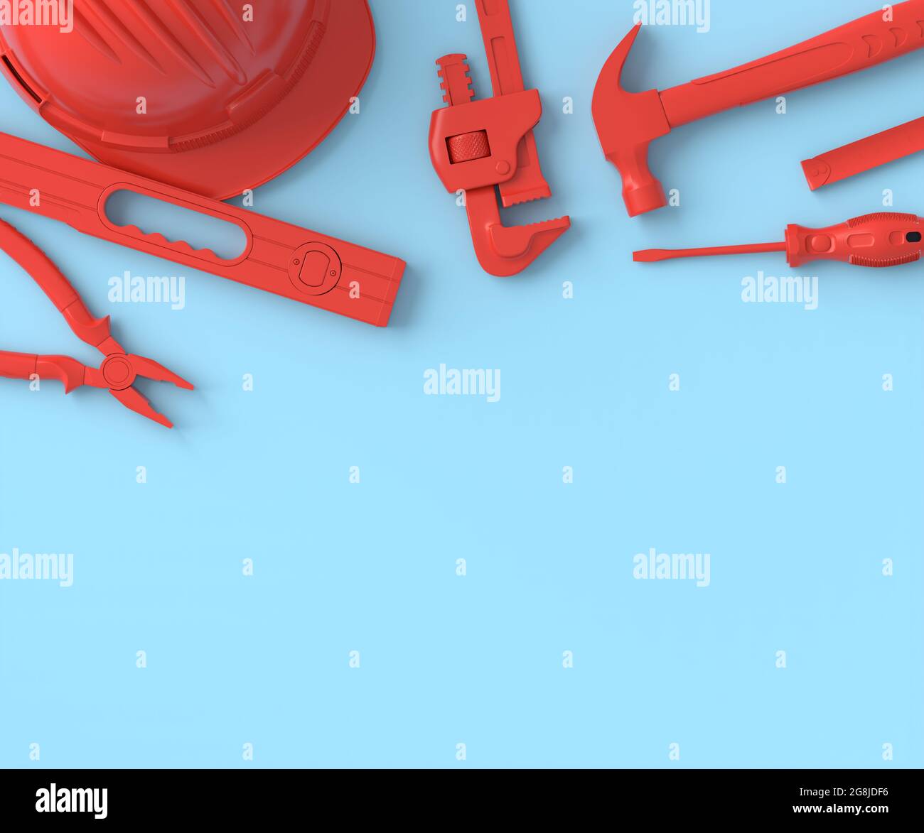 Vue de dessus des outils de construction monochromes pour la réparation et l'installation sur fond bleu et rouge. rendu 3d et illustration de la bannière de service pour Banque D'Images Vue de dessus des outils de construction monochromes pour la réparation et l'installation sur fond bleu et rouge. rendu 3d et illustration de la bannière de service pour Banque D'Images