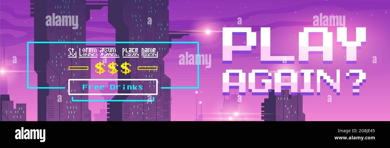 Rejouer pixel art bande dessinée Web bannière pour le jeu Illustration de Vecteur