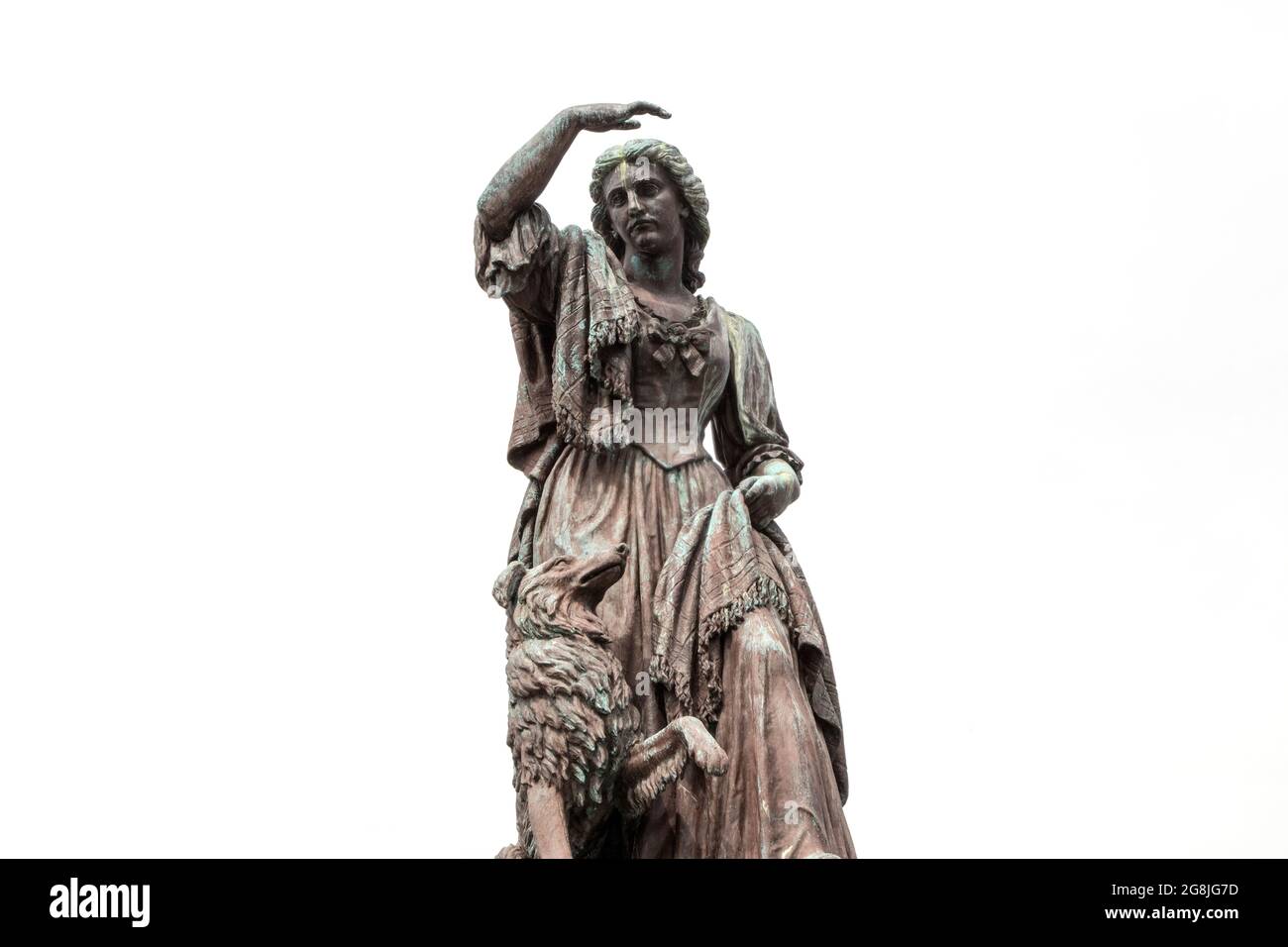 Statue de Flora MacDonald au château d'Inverness en Écosse sur fond blanc Banque D'Images
