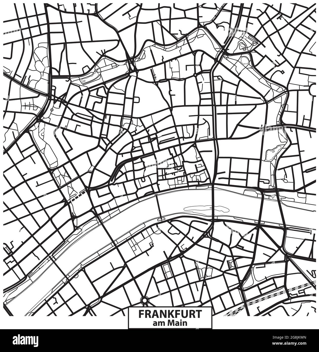 Carte routière Vector en noir et blanc du centre-ville de Francfort-sur-le-main, Allemagne Illustration de Vecteur