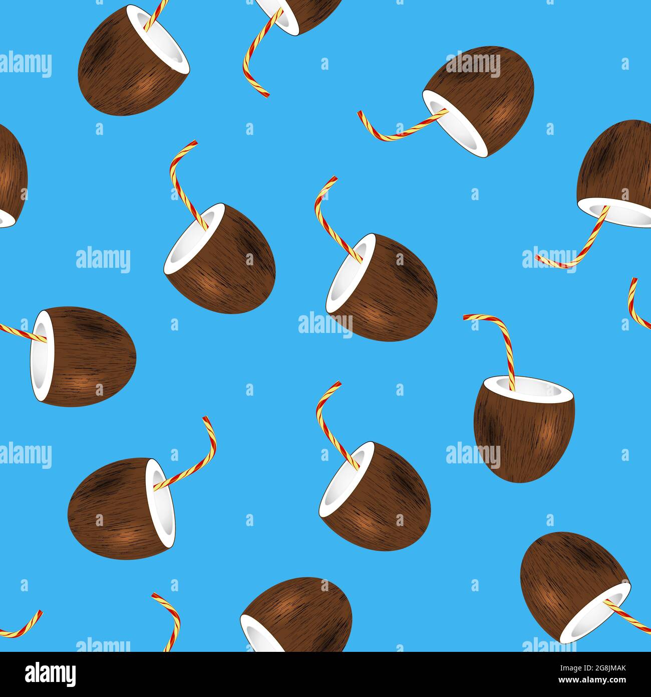 Jus de noix de coco avec paille isolée sur fond bleu. Motif sans couture Illustration de Vecteur