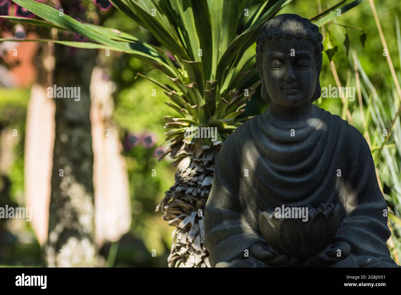 budda figure dans l'ombre d'un jardin avec des palmiers et des herbes comme dans bali vacances Banque D'Images