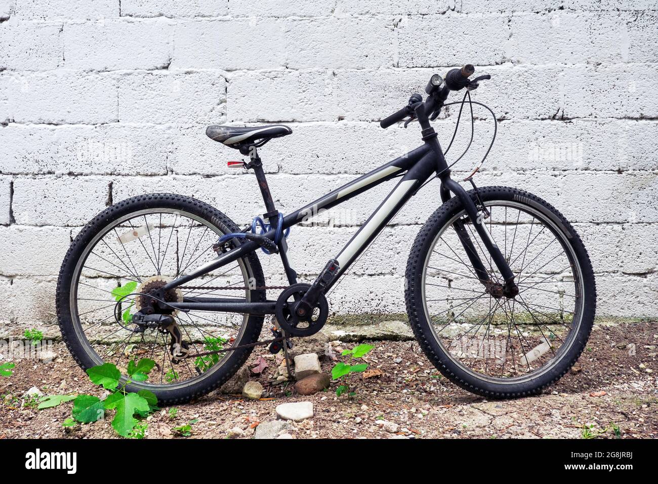 Vélo de montagne noir dans le jardin sur fond de mur blanc. Banque D'Images