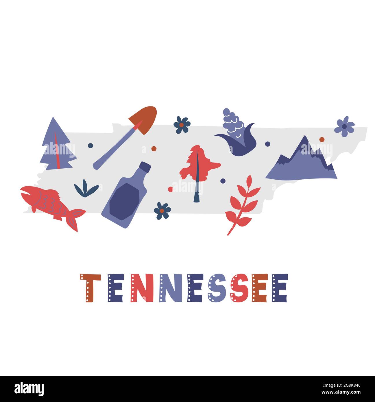 Collection de cartes des États-Unis. Symboles d'état et nature sur la silhouette grise de l'état - Tennessee. Style de dessin animé simple pour l'impression Illustration de Vecteur