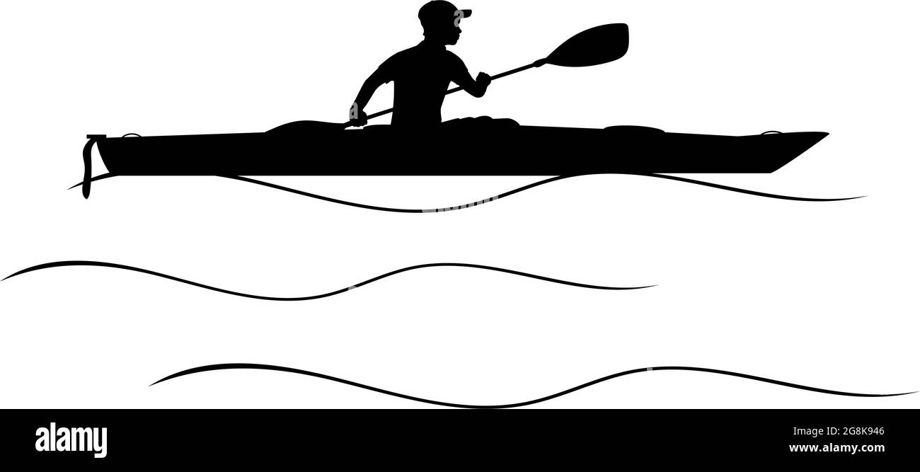 Silhouette boy apprend le kayak en pagayage. Kayak de sports nautiques. Symbole d'icône d'illustration Illustration de Vecteur