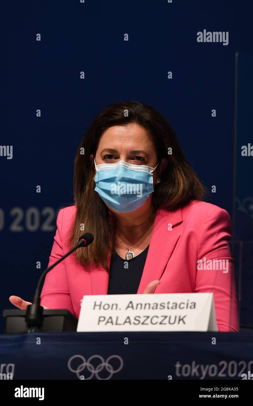 Tokyo, Japon. 21 juillet 2021. Le Premier ministre du Queensland Annastacia Palaszczuk assiste à une conférence de presse au Centre de presse principal (MPC) de Tokyo 2020, à Tokyo, au Japon, le 21 juillet 2021. Credit: Chanson Yanhua/Xinhua/Alamy Live News Banque D'Images