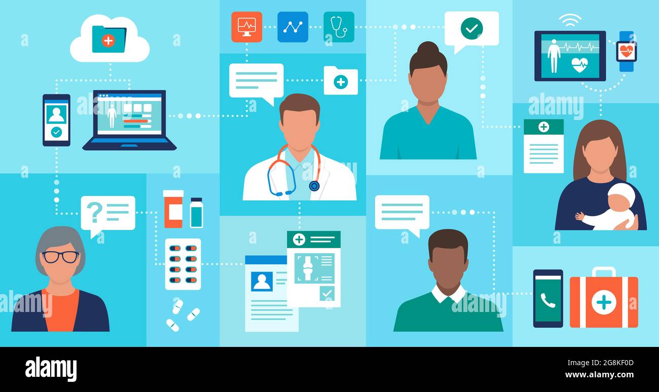 Médecins en ligne donnant des consultations aux patients et vérifiant les dossiers médicaux électroniques Illustration de Vecteur
