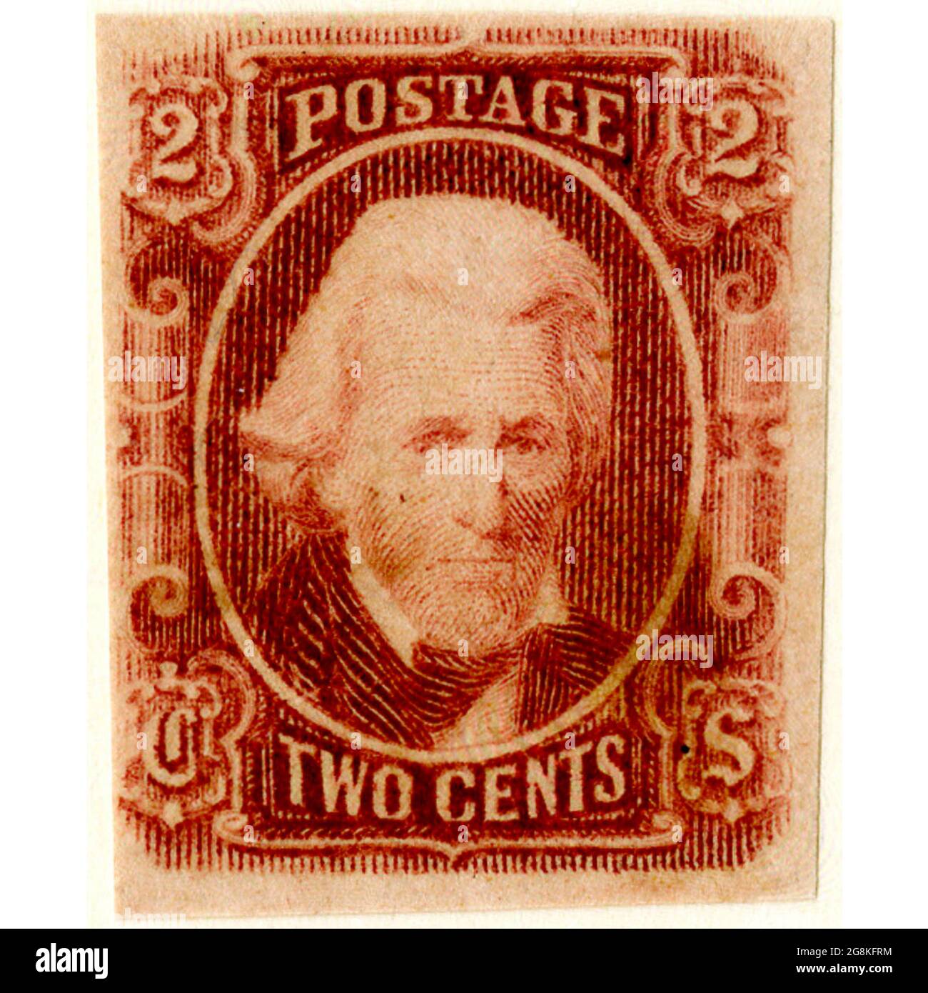 Timbres-poste confédérés, rouge brun à deux cents, numéro général 1863, type 8. Le timbre-poste représente Andrew Jackson imprimé en rouge brun. Service postal des États confédérés d'Amérique. Richmond, Virginie : Dietz Printing Co., 1929. Banque D'Images