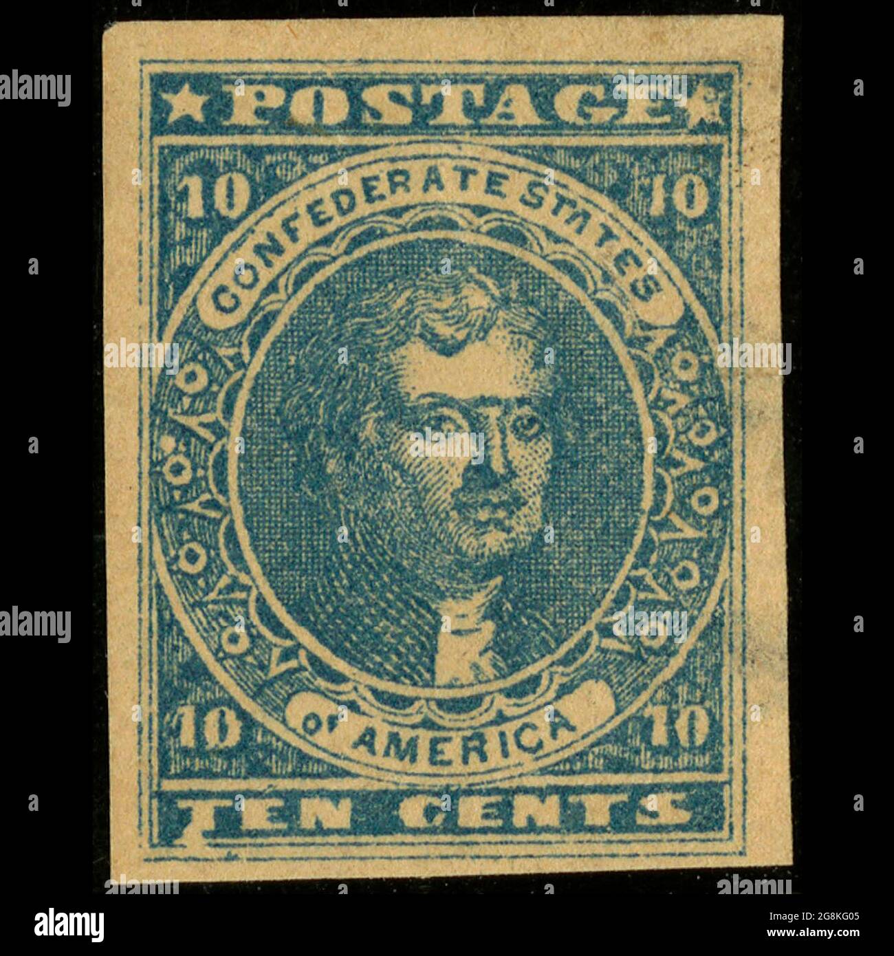 Timbres-poste confédérés, 10 cents bleus, numéro général 1861, type 2 le timbre postal représente Thomas Jefferson imprimé en bleu. Service postal des États confédérés d'Amérique. Banque D'Images