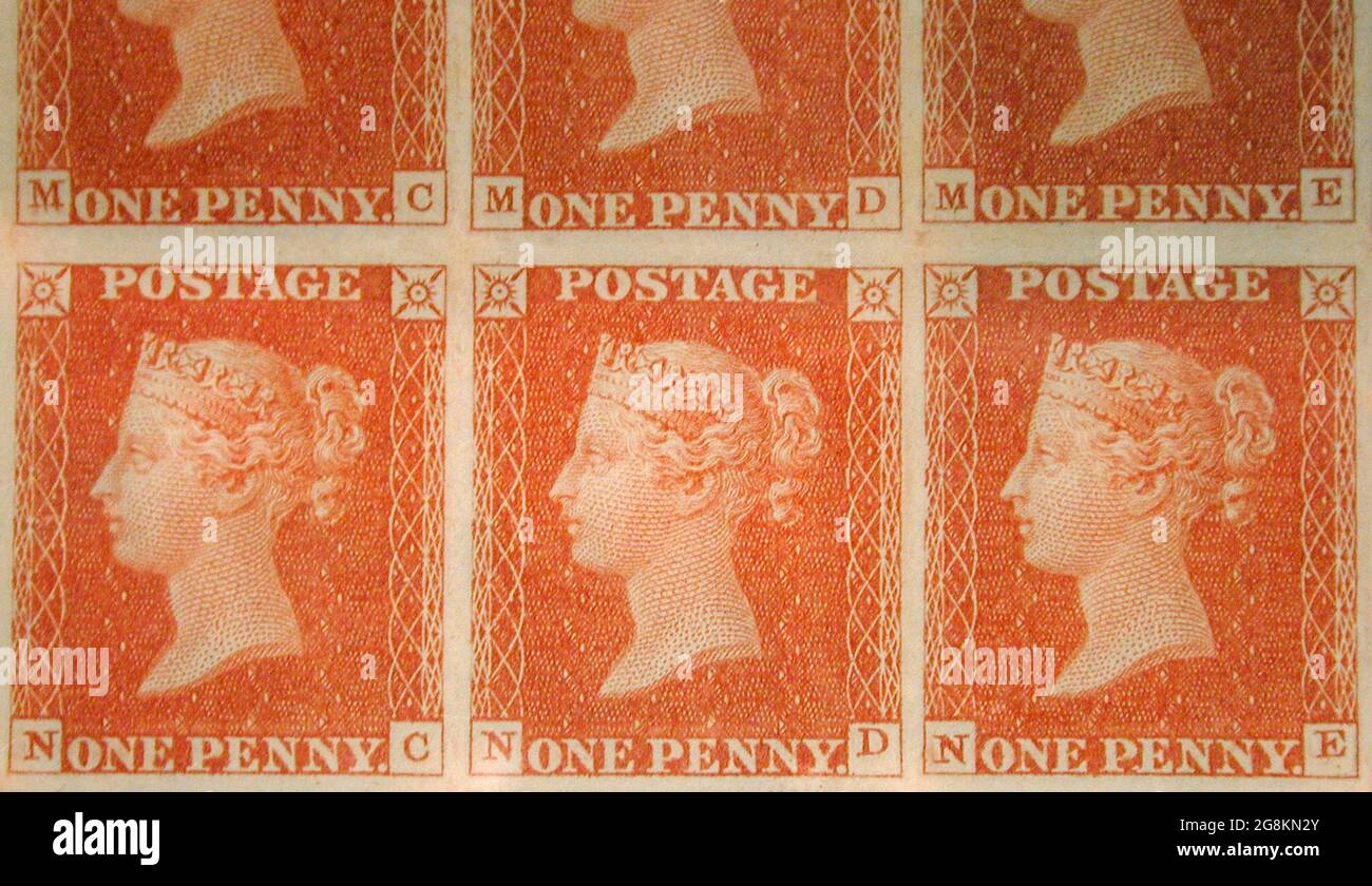 Bloc inutilisé de six timbres-poste '' de la reine Victoria émis le 10 février 1841 après un dessin de William Wyon British Banque D'Images