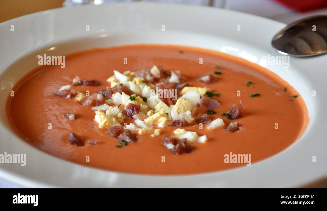Plat de Salmorejo, typique de la province de Cordoue, Espagne. IL EST fait avec de la chapelure, des tomates, de l'huile d'olive, de l'ail et du sel. Dans ce cas, accompagnement Banque D'Images