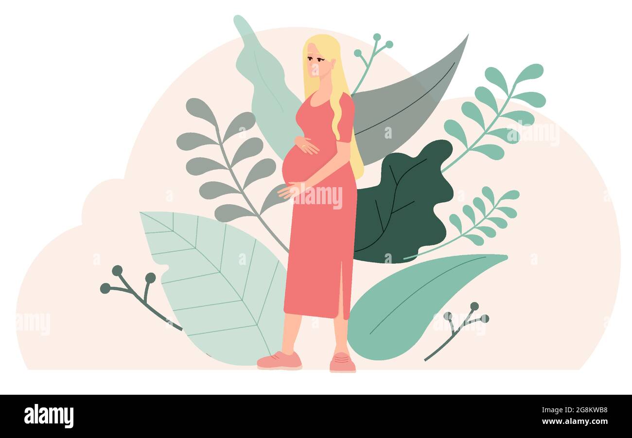 Belle femme enceinte avec fond et feuilles de nature. Concept Illustration de Vecteur
