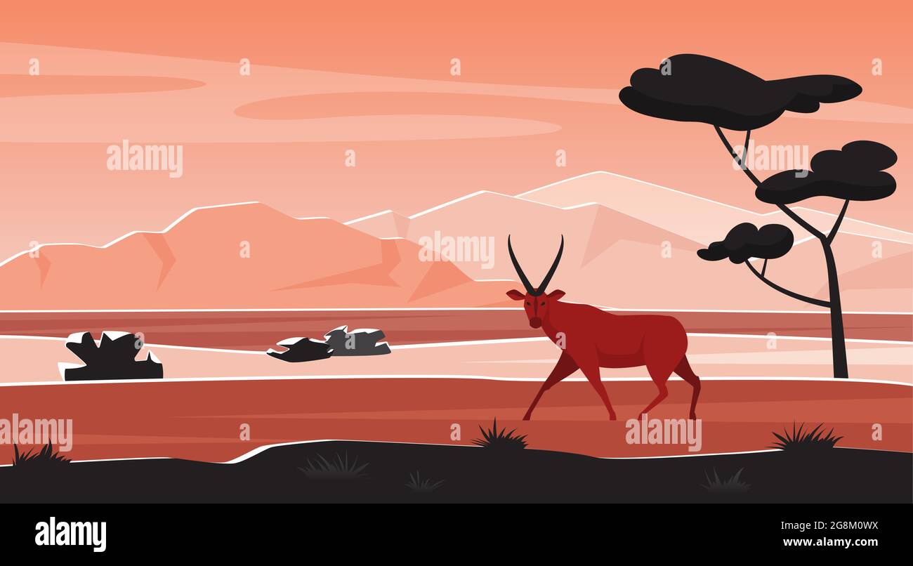 Afrique nature sauvage paysage avec l'animal africain au coucher du soleil illustration du vecteur. Caricature géométrique savane paysage, silhouettes d'arbres, antilope, chaleur et montagnes sur fond horizon Illustration de Vecteur