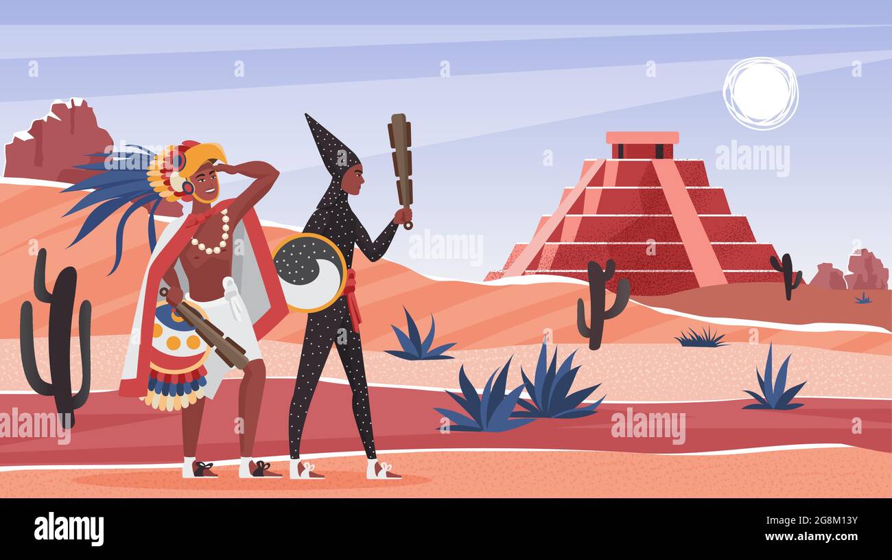 Les peuples de la tribu Aztec dans le désert sauvage illustration de vecteur de paysage. Personnages de la sordide caricature debout près de la pyramide de l'autel bâtiment de la civilisation aztèque ancienne, histoire du Mexique, formation de fond Illustration de Vecteur