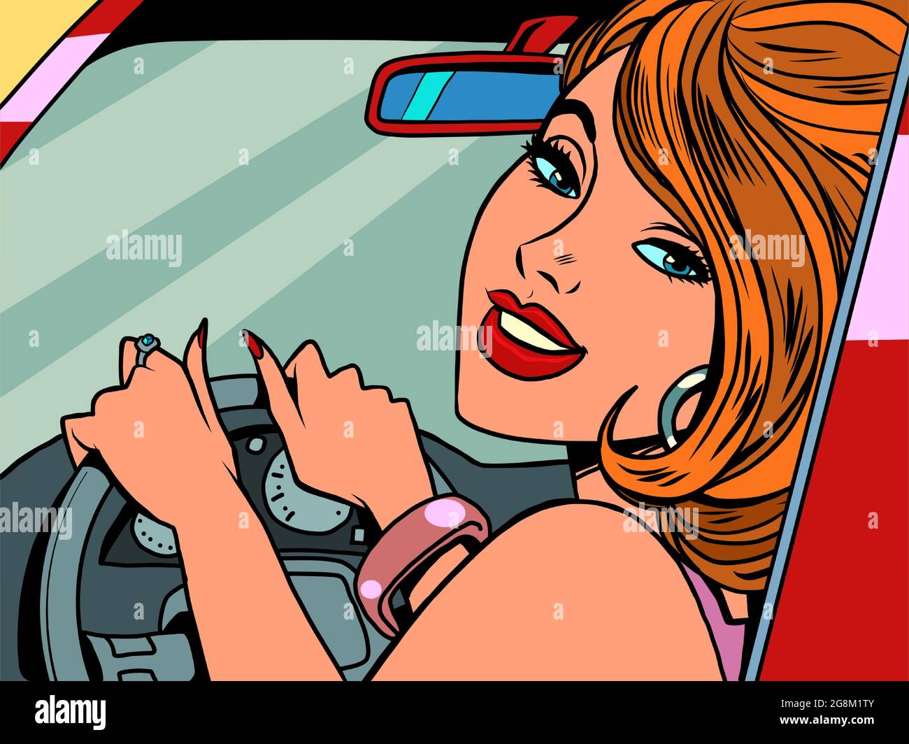 Belle femme conduisant une voiture, joie bonheur Illustration de Vecteur