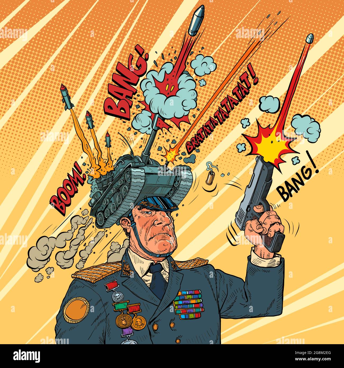 Un militaire avec des chars et des missiles dans un uniforme cérémonial, politique dangereuse Illustration de Vecteur