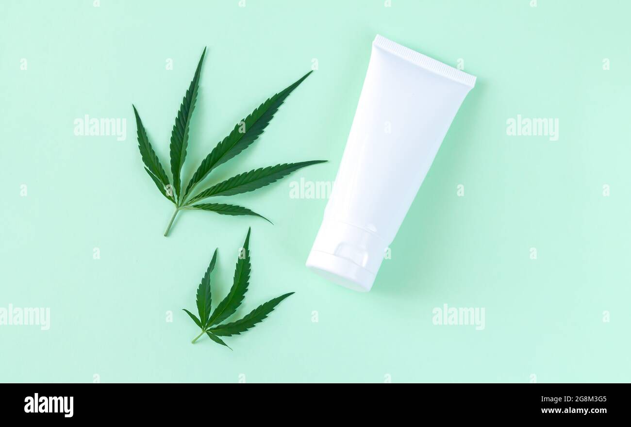 Produit cosmétique de soin de la peau de chanvre dans le tube blanc d'emballage de maquette. Crème ou lotion hydratante au cannabis avec feuilles vue du dessus Banque D'Images