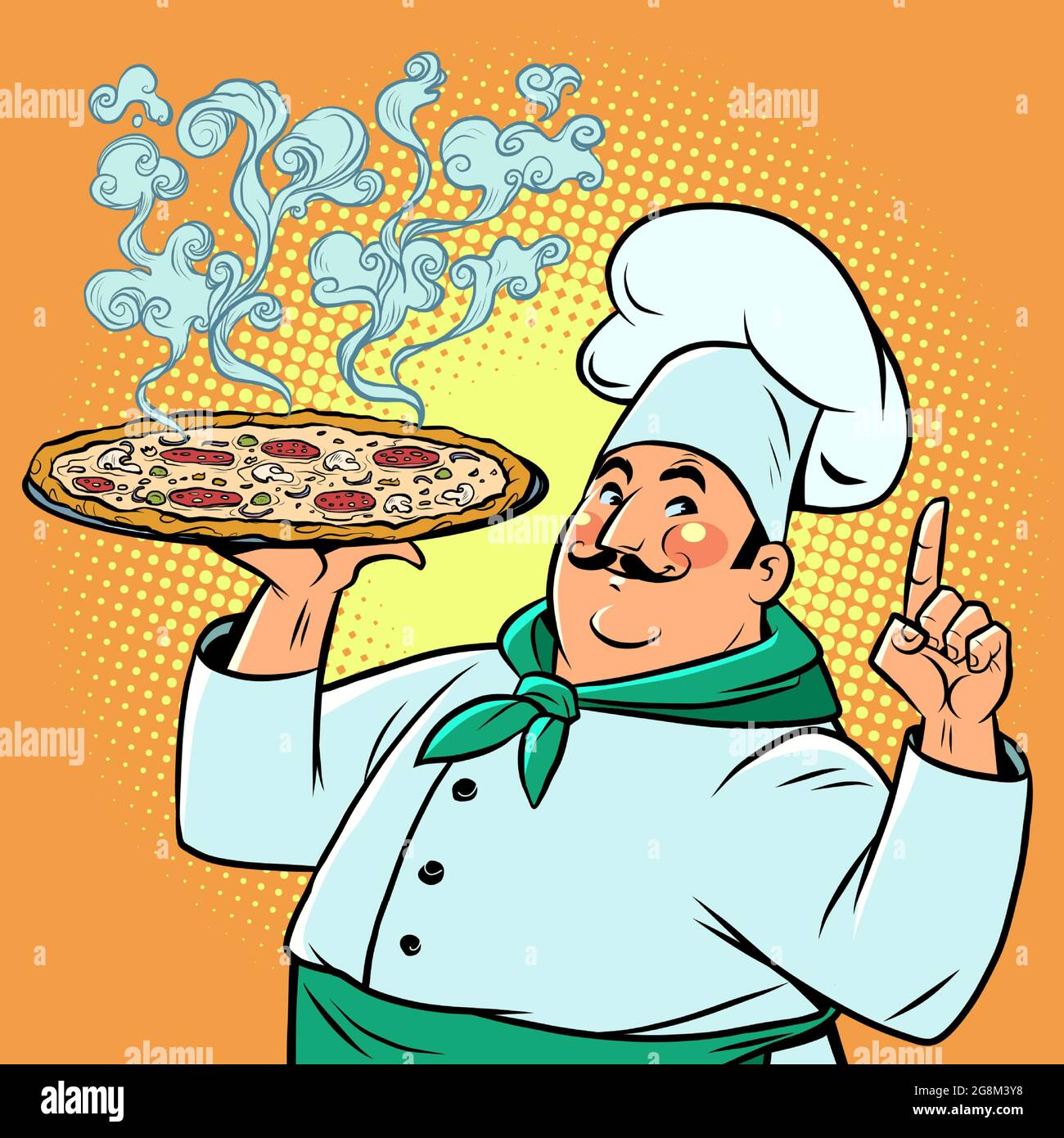 Chef d'un restaurant italien avec de délicieuses pizzas. Menu de cuisine de rue Illustration de Vecteur