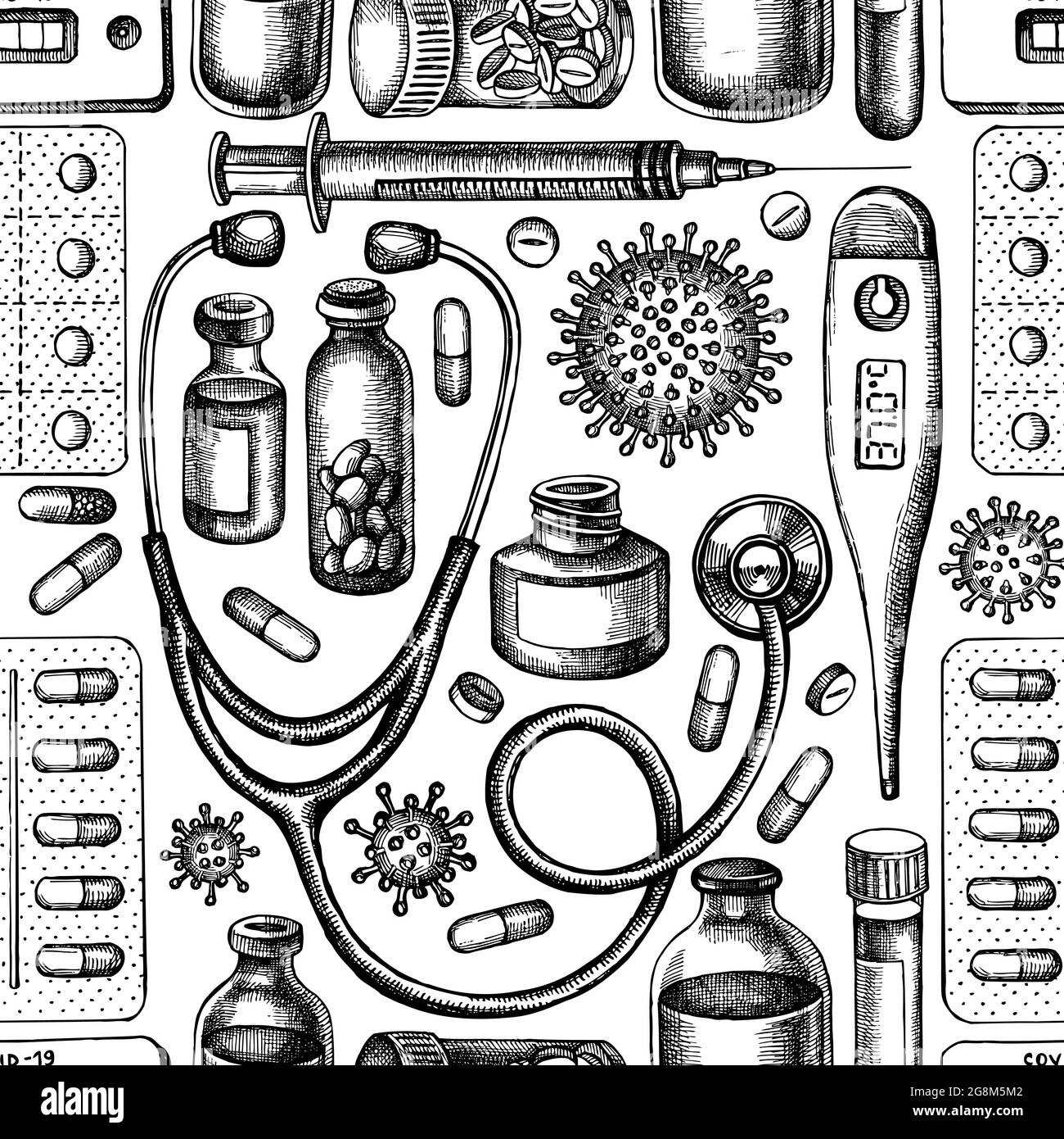 Schéma sans couture avec flacon noir et blanc de sang, pilules et médicaments, thermomètre médical, test rapide du coronavirus, cellule bactérienne du coronavirus Illustration de Vecteur