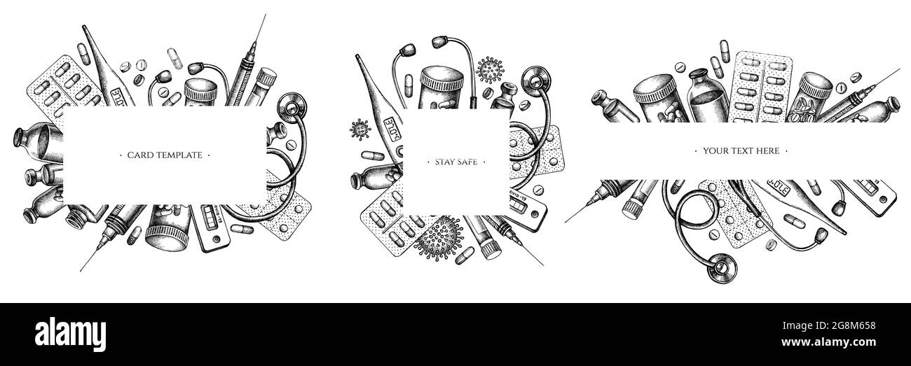 Cadres avec flacon noir et blanc de sang, pilules et médicaments, thermomètre médical, test rapide du coronavirus, cellule bactérienne du coronavirus, stéthoscope Illustration de Vecteur