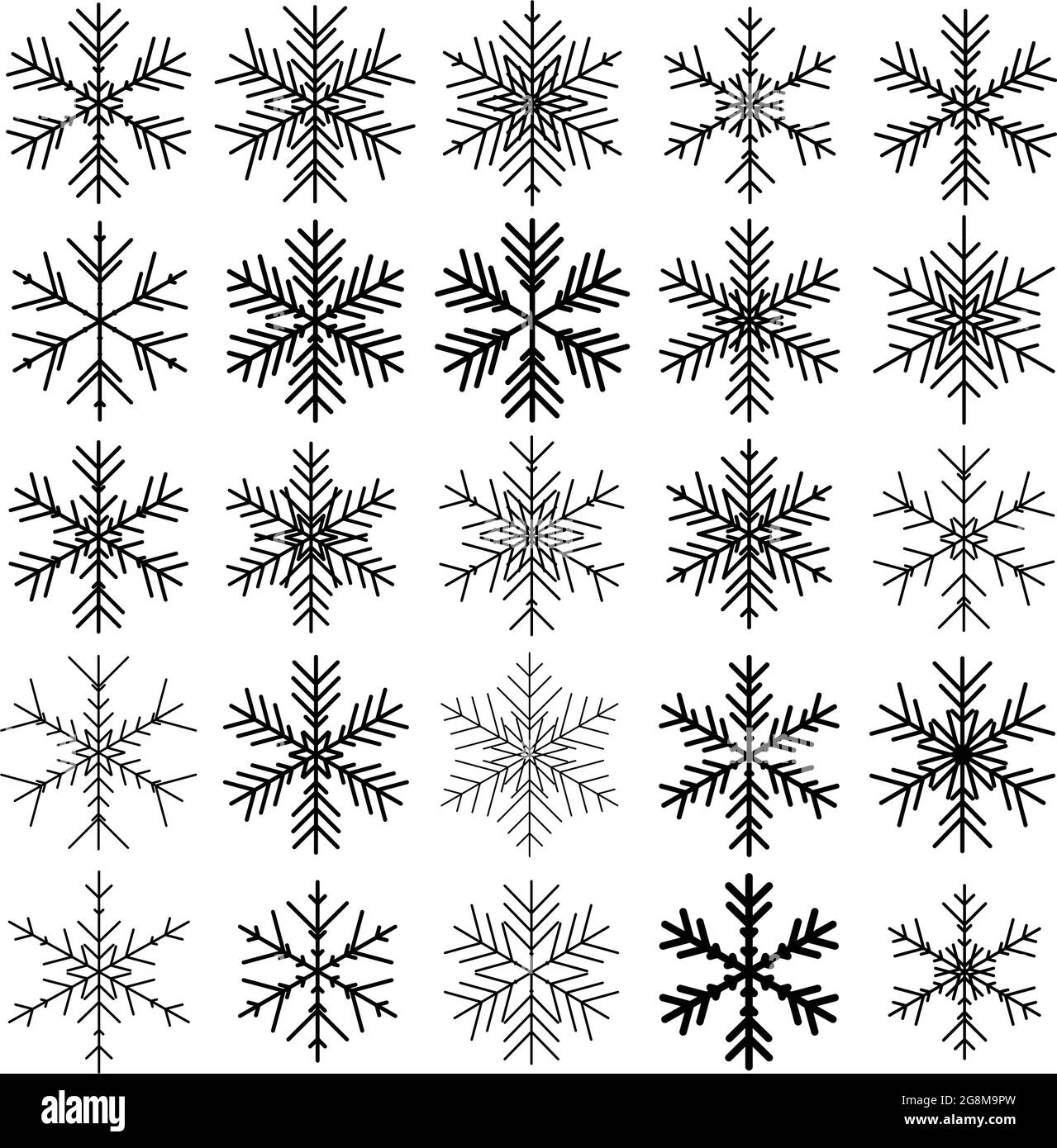 Ensemble vectoriel de différents flocons de neige sur fond noir Illustration de Vecteur